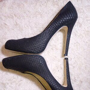 Women's Black Snake Embossed Leather Platform High Heels with Slight Rounded Toe
